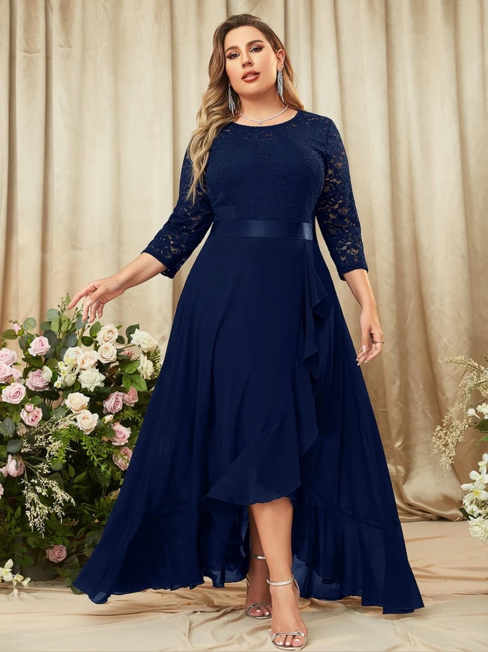 NEW Miusol Plus Size Floral Lace Ruffle Trim Maxi Dress Size 4XL Navy Blue Gown